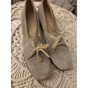 Vintage Ramblers Florsheim Taupe Suede Lace Up Block Heel Pumps Shoes Womens